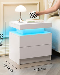 Nightstand LED Bedside Table Cabinet Lights Modern End Side With 2 Drawers For Bedroom White