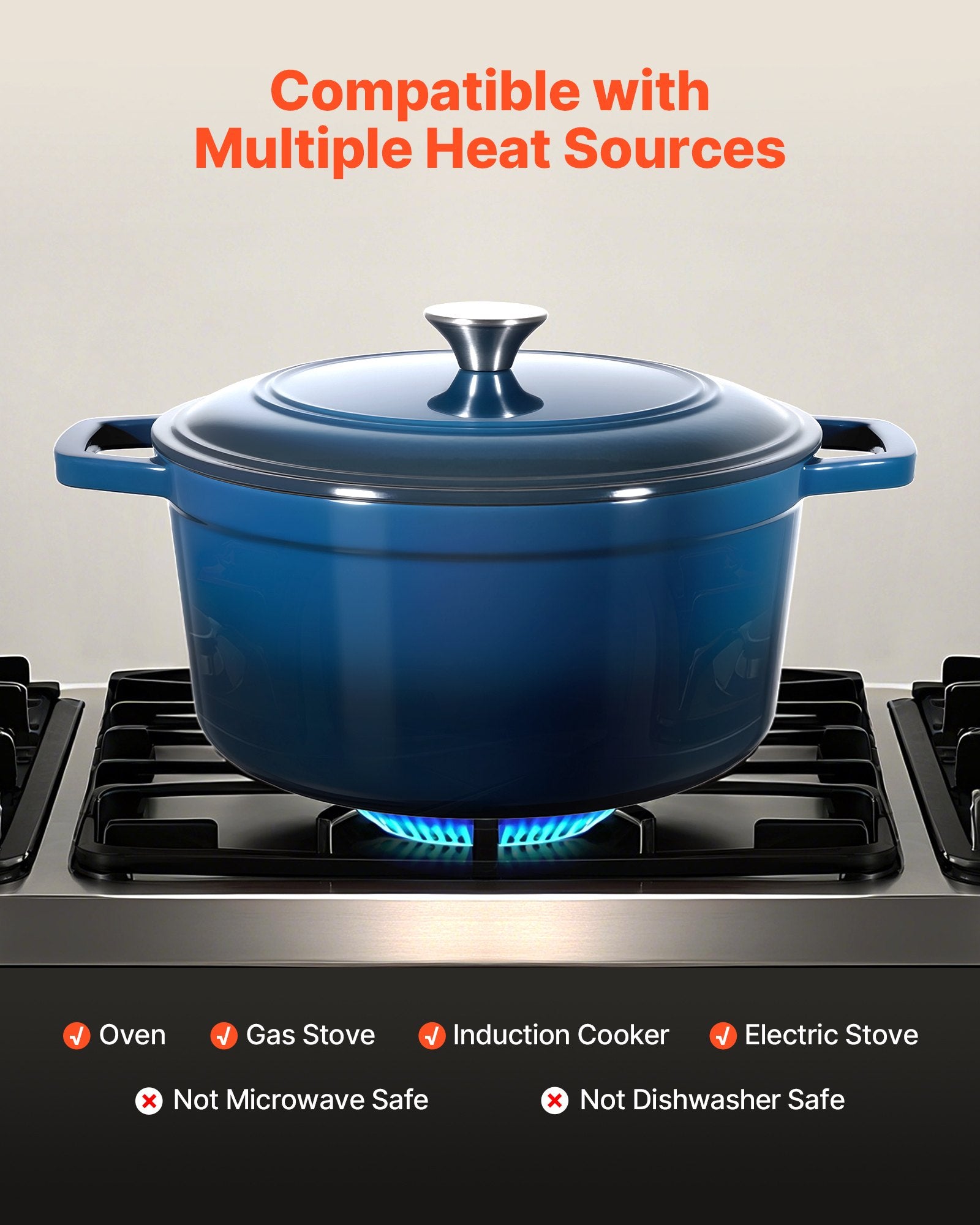 Enameled Cast Iron Dutch Oven Heavy-Duty Cookware With Lid Handles 6 Qt Blue