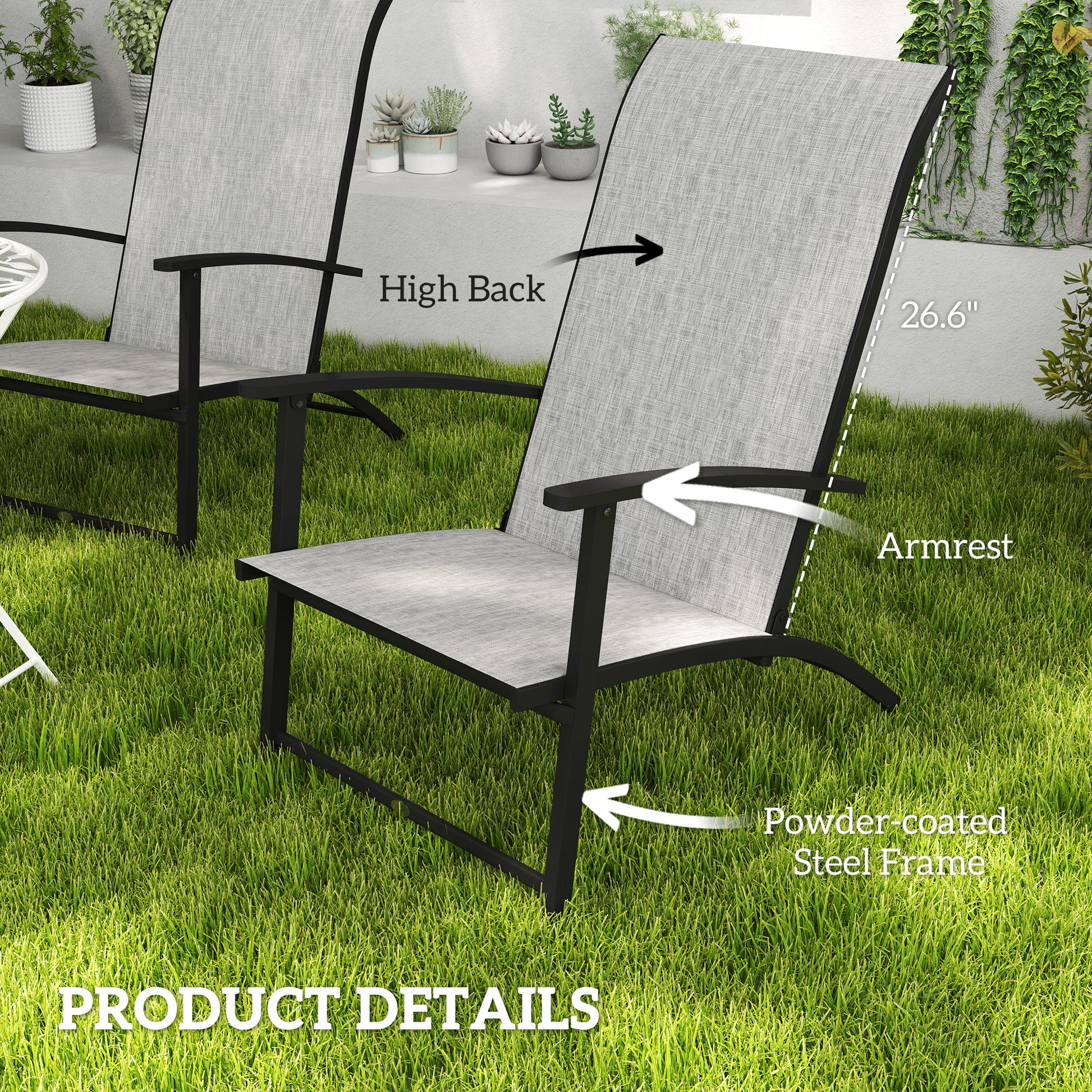 Set of 2 Outdoor Dining Chairs with High Back, Armrests, Folding Patio Chairs for Patio, Lawn, Camping, Gray