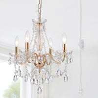 Plug in Crystal Pink Chandelier, Not Acrylic Crystal,Mini 4 Lights for Girls Room,Pink Crystals Hanging Pendant Light with Clear Cord and On/Off, Chandelier for Wedding, Kitchen, Dining,Foyer,Island