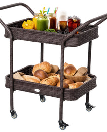 PE Rattan Outdoor Bar Table, Outdoor Kitchen Island with 2-Tier Shelf, Wheeled Patio Serving Cart with Brakes for Poolside, Garden, Brown