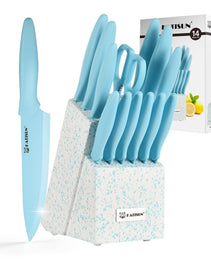 Kitchen Knife Set With Block, 14 Piece BLUE Non-Stick Paint Coating Stainless Steel Knives Set, Anti-Rust And Dishwasher Safe, 12 Knives With Kitchen Shears And Block