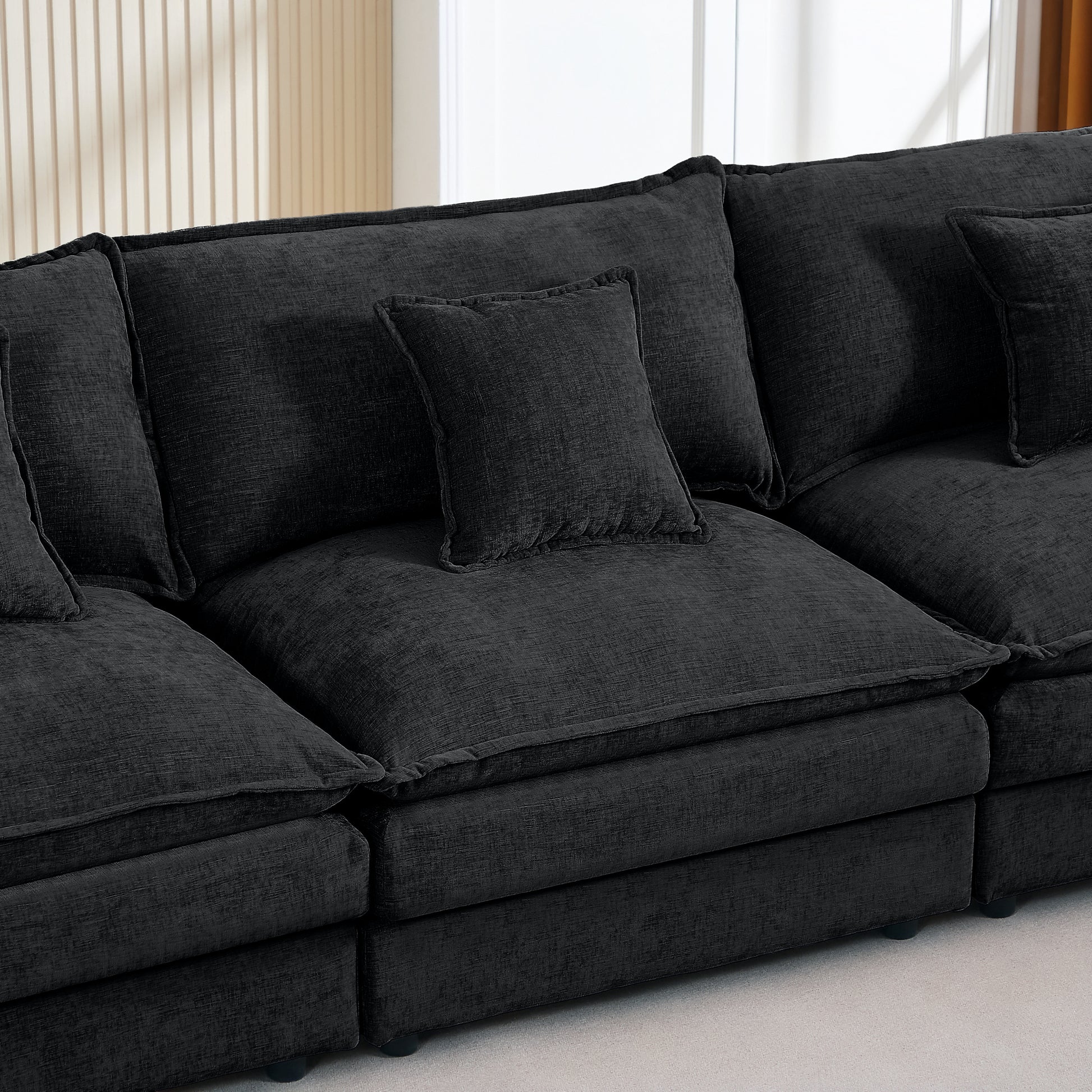 Modular Sectional Sofa, 102 Inch L Shaped Couch Set For Living Room, 3-Seater Comfy Cloud Couches With Movable Ottoman, DIY Combination, Chenille, Black