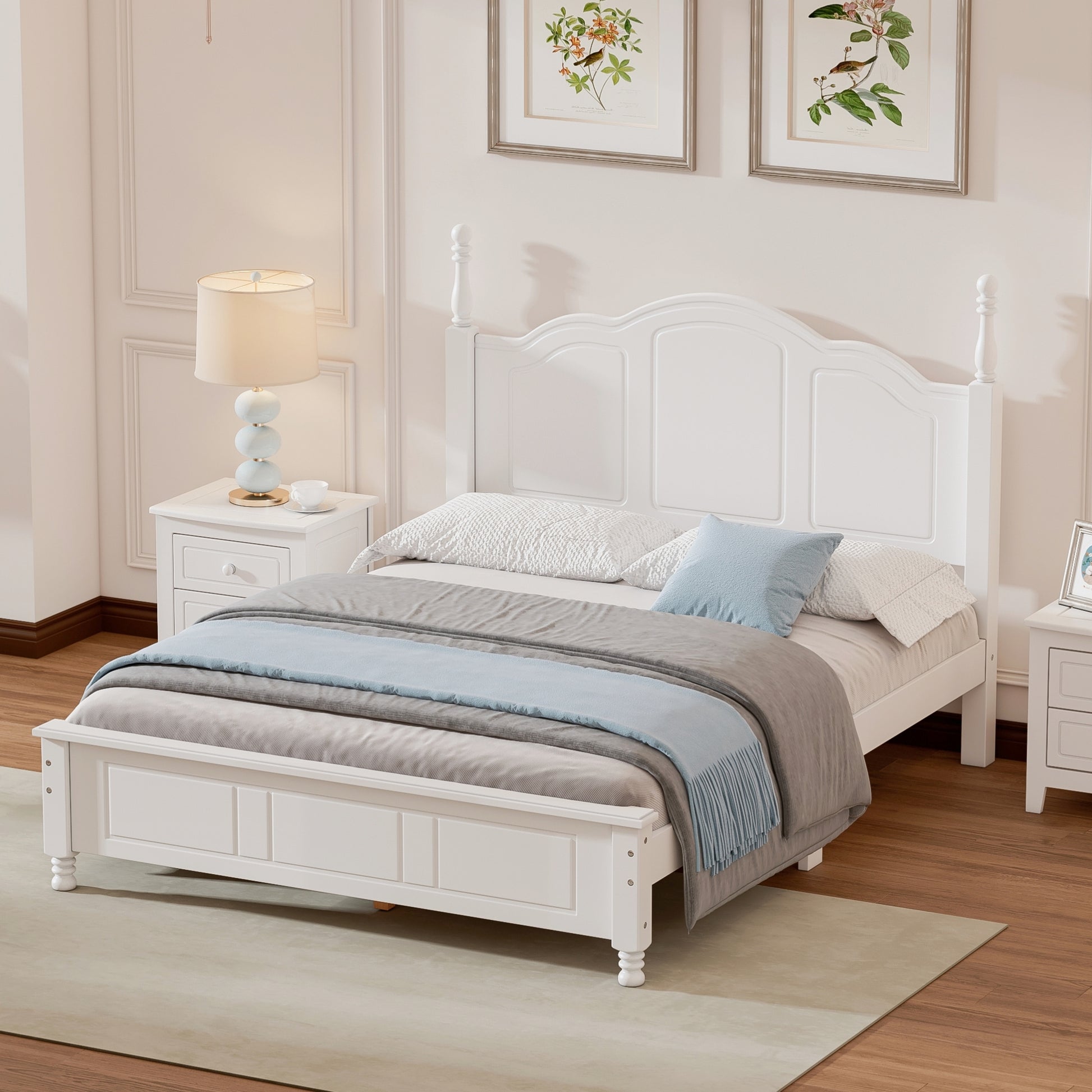 Full Size Wood Platform Bed Frame,Retro Style Platform Bed With Wooden Slat Support,White