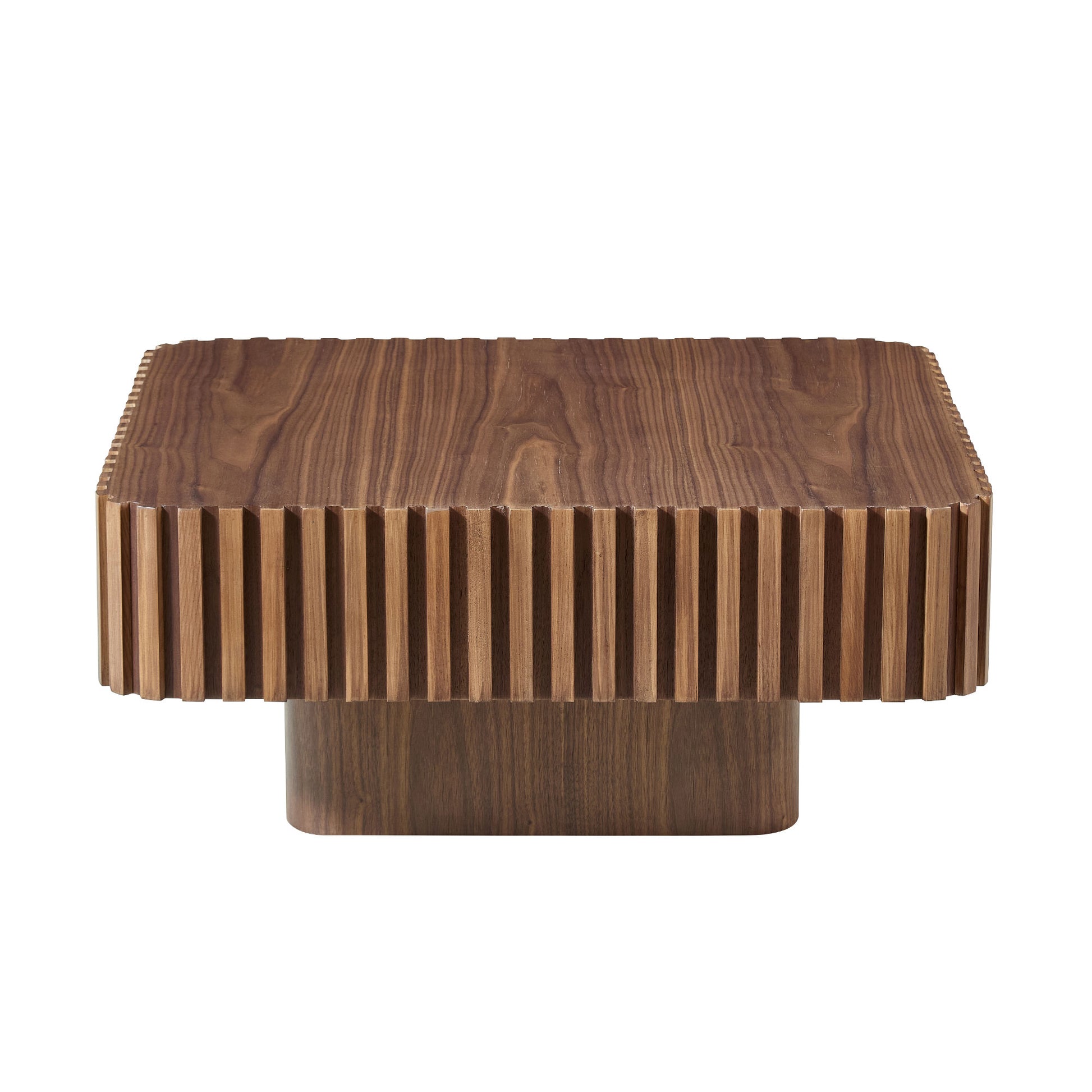 Modern 35.43 Inch Handcraft Drum Coffee Table Square Coffee Table For Living Room,Small Wooden Coffee Table With Sturdy MDF Pedesta,Walnut Color