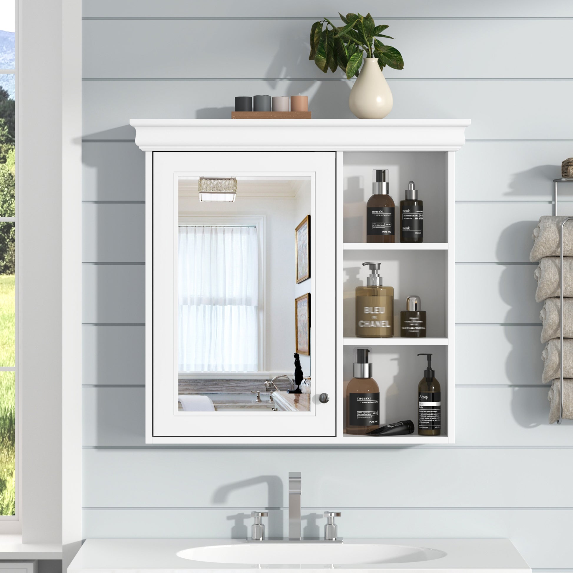 30'' X 28'' Bathroom Medicine Cabinet With Mirror, Wall Mounted Mirror Cabinet With Storage Organizer, Over The Toilet Storage White Storage Cabinet For Bathroom