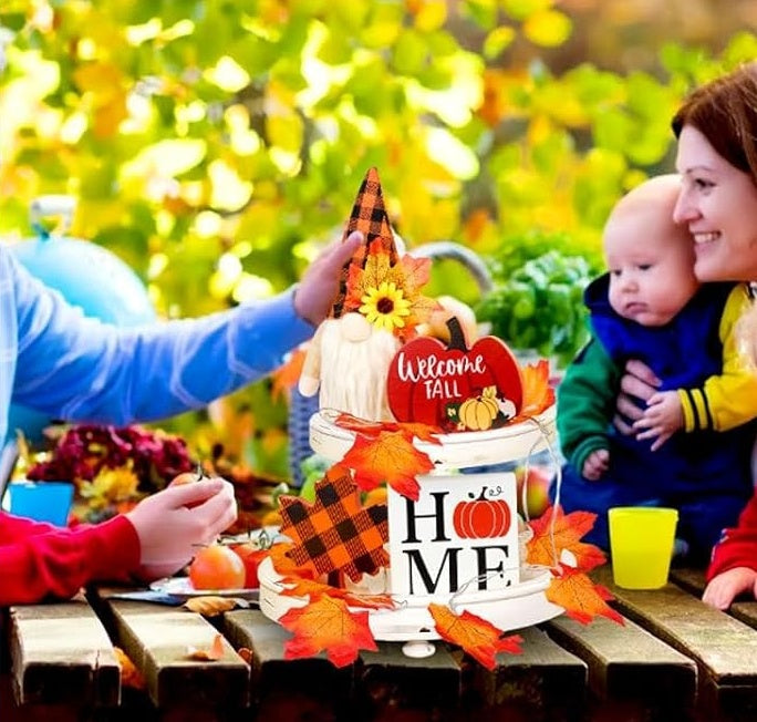 Fall Gnome Tiered Tray Decorations Set Farmhouse Pumpkin Decor Autumn Maple Leaf Table Centerpieces With Fall String Lights Thankgiving Day Fall Greeting Card Autumn Harvest Decorations - CJDS - FC