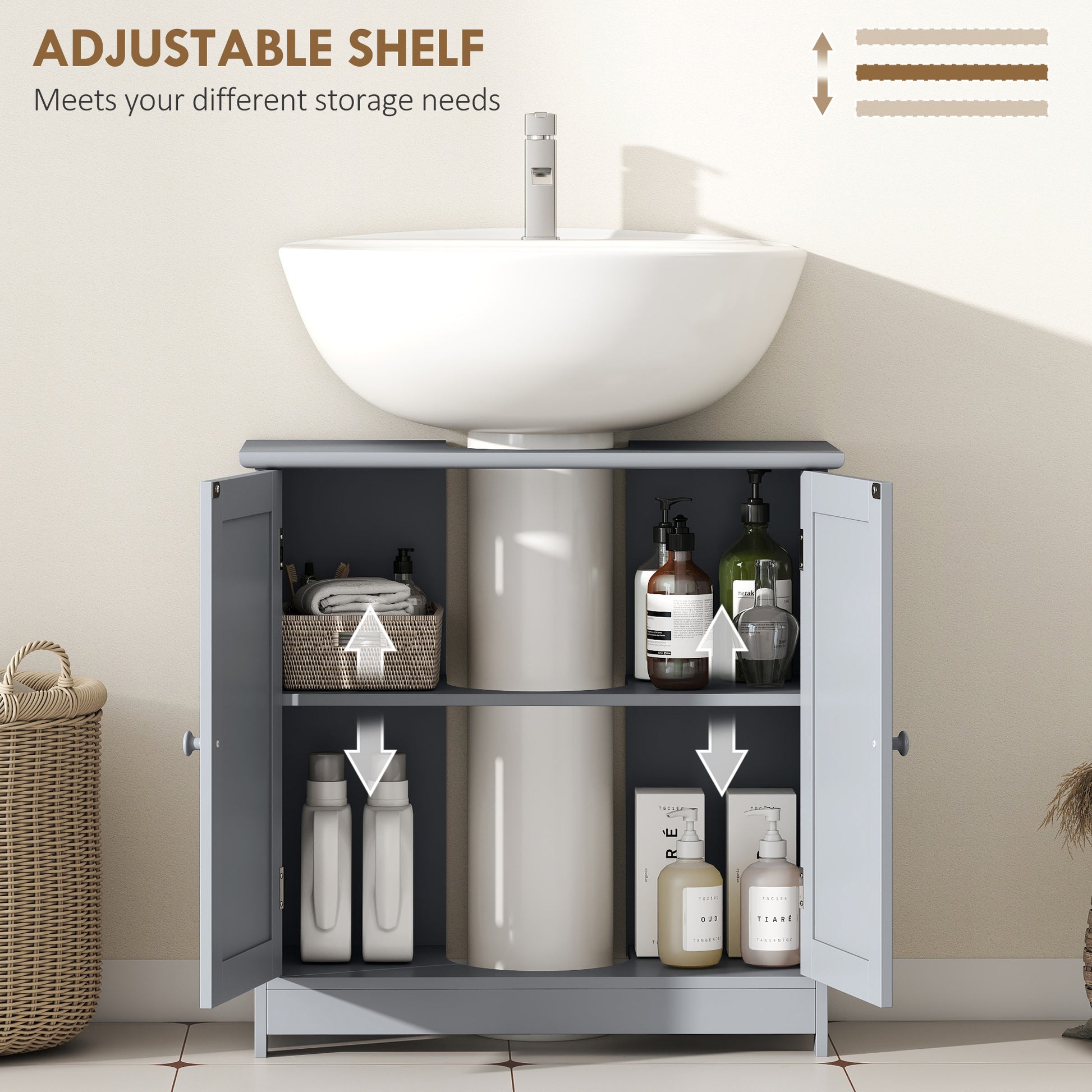 Under Sink Bathroom Cabinet, Pedestal Sink Storage Cabinet with 2 Doors, Shelf and U-Shape, Gray