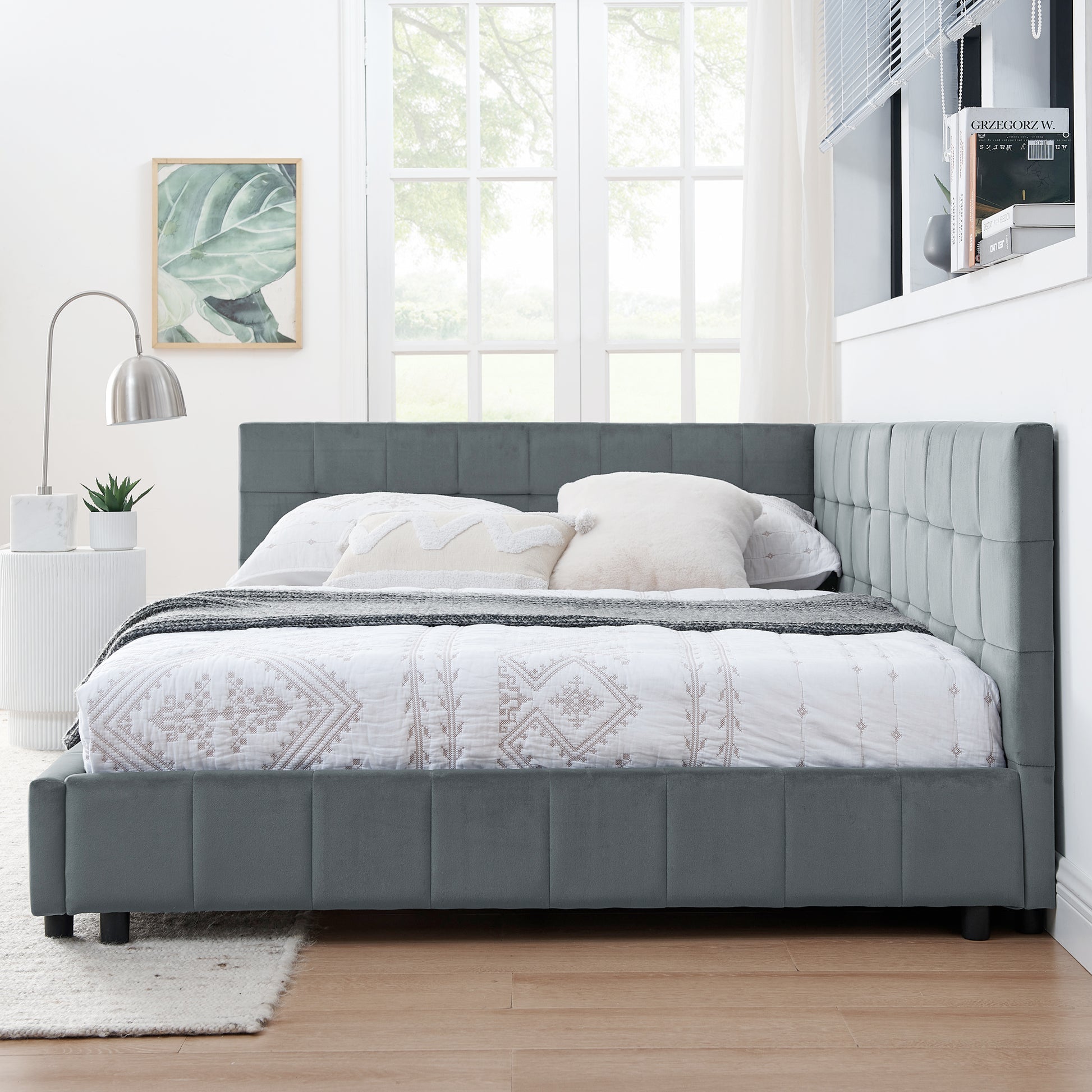 Full Size Upholstered Tufted Bed Frame, Sofa Bed Frame With Comfortable Backrest And Armrests, Full Size Bed For Bedroom, Living Room,Velvet, Grey 80.5x59x30.5