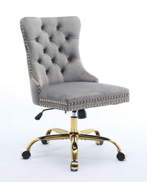 A&A Furniture Office Chair,Modern Velvet Upholstered Tufted Button Home Office Chair With Golden Metal Base,Adjustable Desk Chair Swivel Office Chair Gray