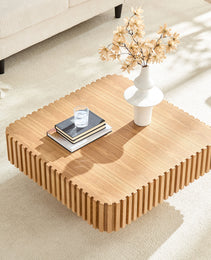 31.5 Inch Modern Handcraft Drum Coffee Table Square Coffee Table For Living Room,Small Wooden Coffee Table With Sturdy MDF Pedesta,Natural Color