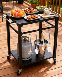 2-Tier Outdoor Grill Cart With Locking Wheels & Tool Hooks, Movable BBQ Prep Table, Rolling Serving Bar Cart For Patio, Backyard, Pizza Oven Stand, Black