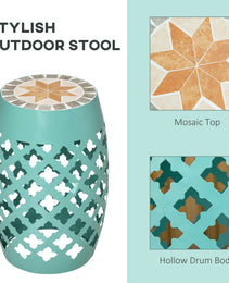 12" Patio Round Side Table, Outdoor Footstool, Garden Mosaic Accent Side Table, Plant Stand, Blue
