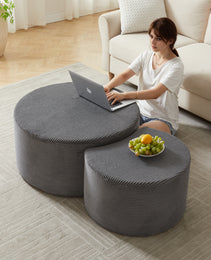 Nesting Coffee Table Set Of 2,Upholstered Round Coffee Tables Set Of 2 For Living Room, Modern Foam Round Coffee Table Side Table End Table Ottoman, No Assembly