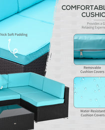 7-Piece Wicker Patio Conversation Set With Cushions & Glass Table, Turquoise