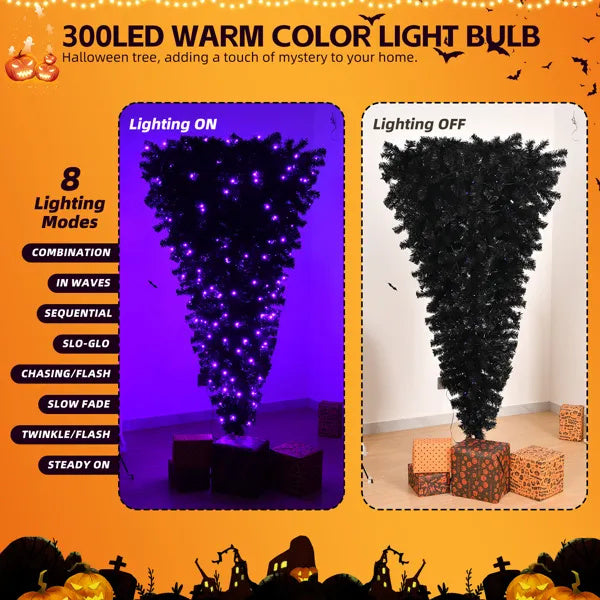 6 FT Pre-lit Upside Down Artificial Christmas Tree, Black Halloween Tree With 250 Purple Lights And Pumpkin & Skull Ornaments - CJDS - FC