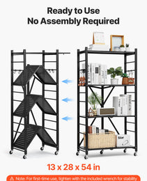 4-Tier Foldable Storage Shelf, 28W X 13D X 54H Inch Folding Metal Rack Shelving Unit, No Assembly Organizer Shelf With 5 Wheels & 4 Hooks For Pantry, Kitchen, Garage, Basement, Black