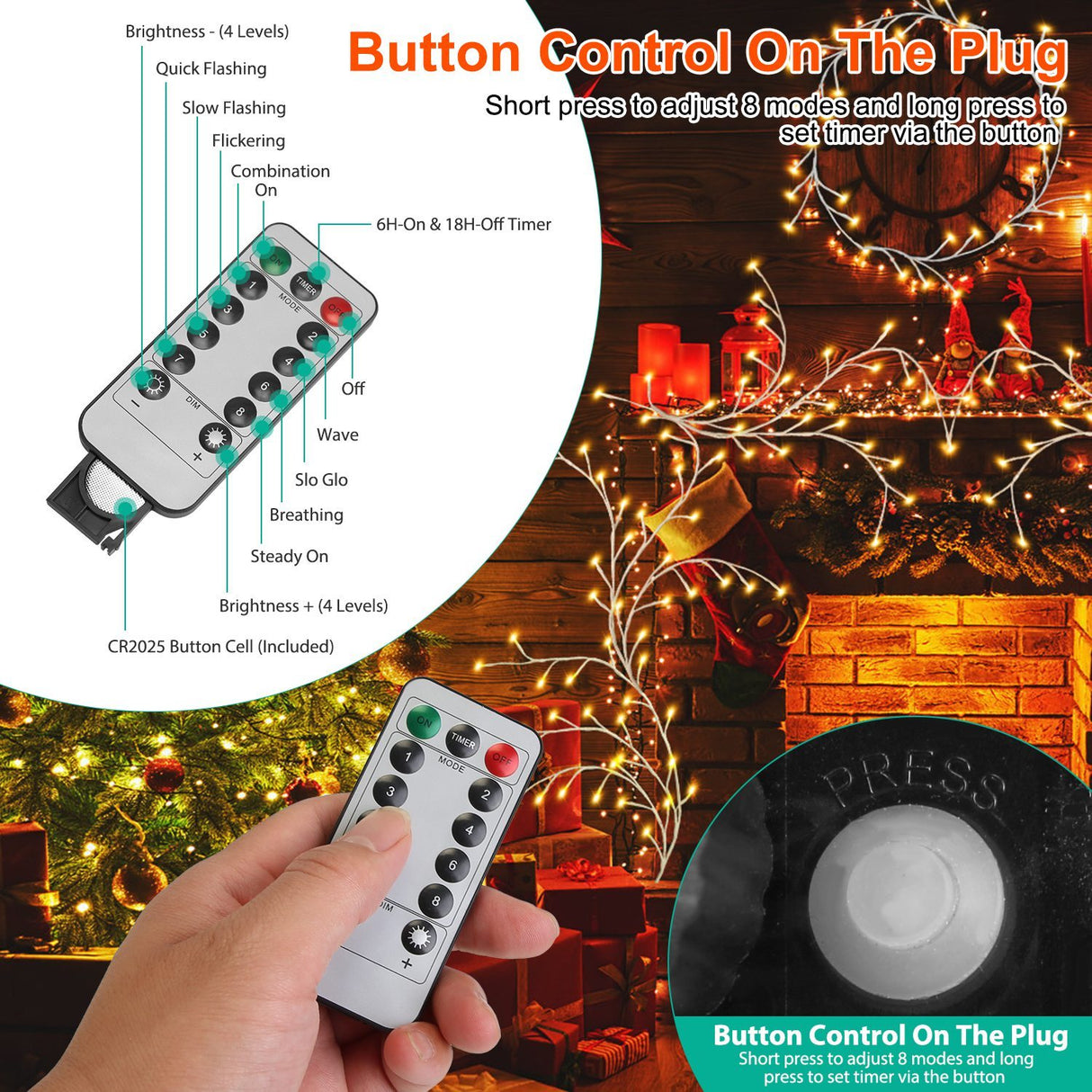 1Pc 7.87FT Lighted Birch Garland Lighted Twig Vine Lights 144LED Birch Garland With Lights String Light With Timer 8 Modes IP45 Waterproof For Christmas Fireplace Home Decoration - CJDS - FC