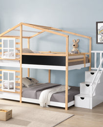 Full Over Full  Bunk Bed House Bed With Roof Windows Blackboard And Storage Ladder Platform Bed,bed Frame