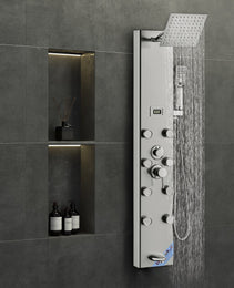 Shower Panel System, 5 Shower Modes, Digital Display Shower Panel Tower, Rainfall, 8 Massage Jets, Tub Spout, 3-Setting Handheld Shower Head 59 Hose, Stainless Steel Wall-Mounted Shower Set