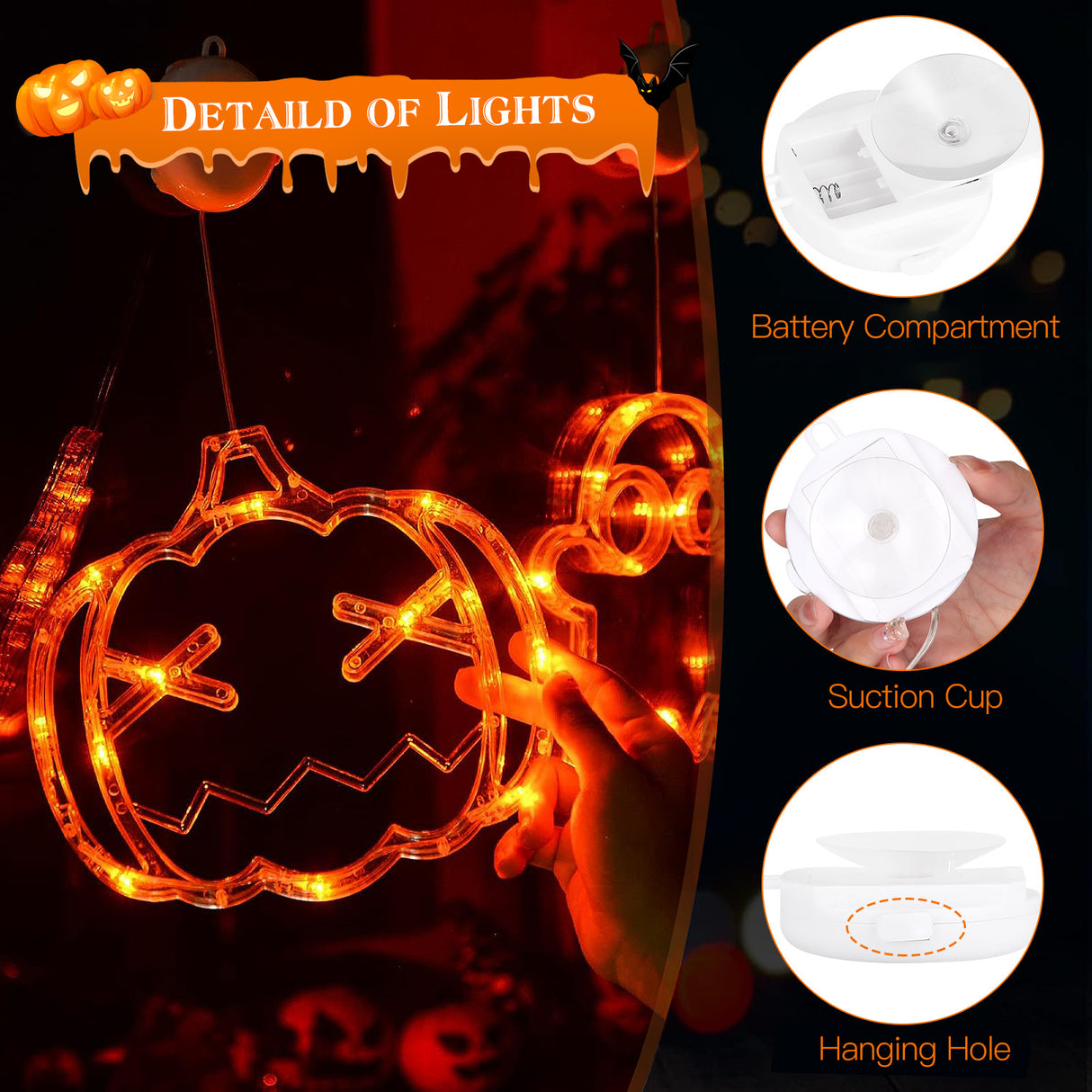 Set Of 3 Pack Halloween Window Light Spider Witch Hat Pumpkin With Orange Light Hanging Halloween Decoration Light With Suction Cup Hanging Holes - CJDS - FC