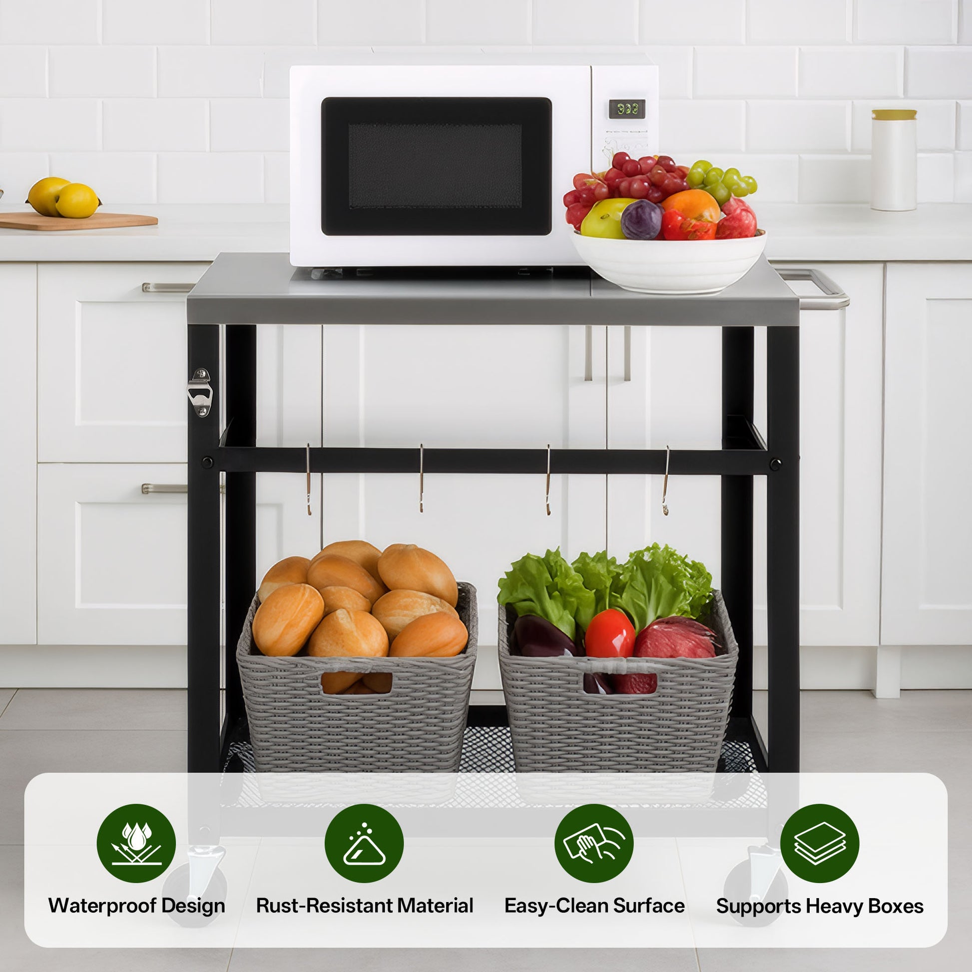 2-Tier Outdoor Grill Cart With Stainless Steel Top, Locking Wheels & Tool Hooks, Movable BBQ Prep Table With Mesh Shelf, Rolling Serving Bar Cart For Patio, Backyard, Pizza Oven Stand, Black