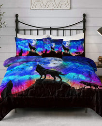 Galaxy Comforter Set Men 3D Wolf Bed Comforter Set 4 Piece Wolves Howling Bedding For Boys Retro Oil Painting Design Purple Blue And Black Bedding Set Queen King Size