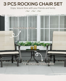3-Piece Outdoor Gliders Set Bistro Set with Steel Frame, Tempered Glass Top Table for Patio, Garden, Backyard, Lawn, Beige
