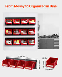 Wall Mounted Storage Bins, 12 Plastic Bins & 3 Metal Rails, Plastic Hanging Stackable Storage Bin For Screws, Nuts, Bolts, Nails, Hardware Tool Organizer For Workshop, Craft Room, Garage, Red