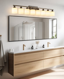 8-Light Bathroom Light Fixtures Over Mirror, 52inch Modern Matte Black Vanity Lights With White Frosted Glass Shade, Bathroom Wall Lamp Sconces For Mirror Bedroom, Living Room Hallway