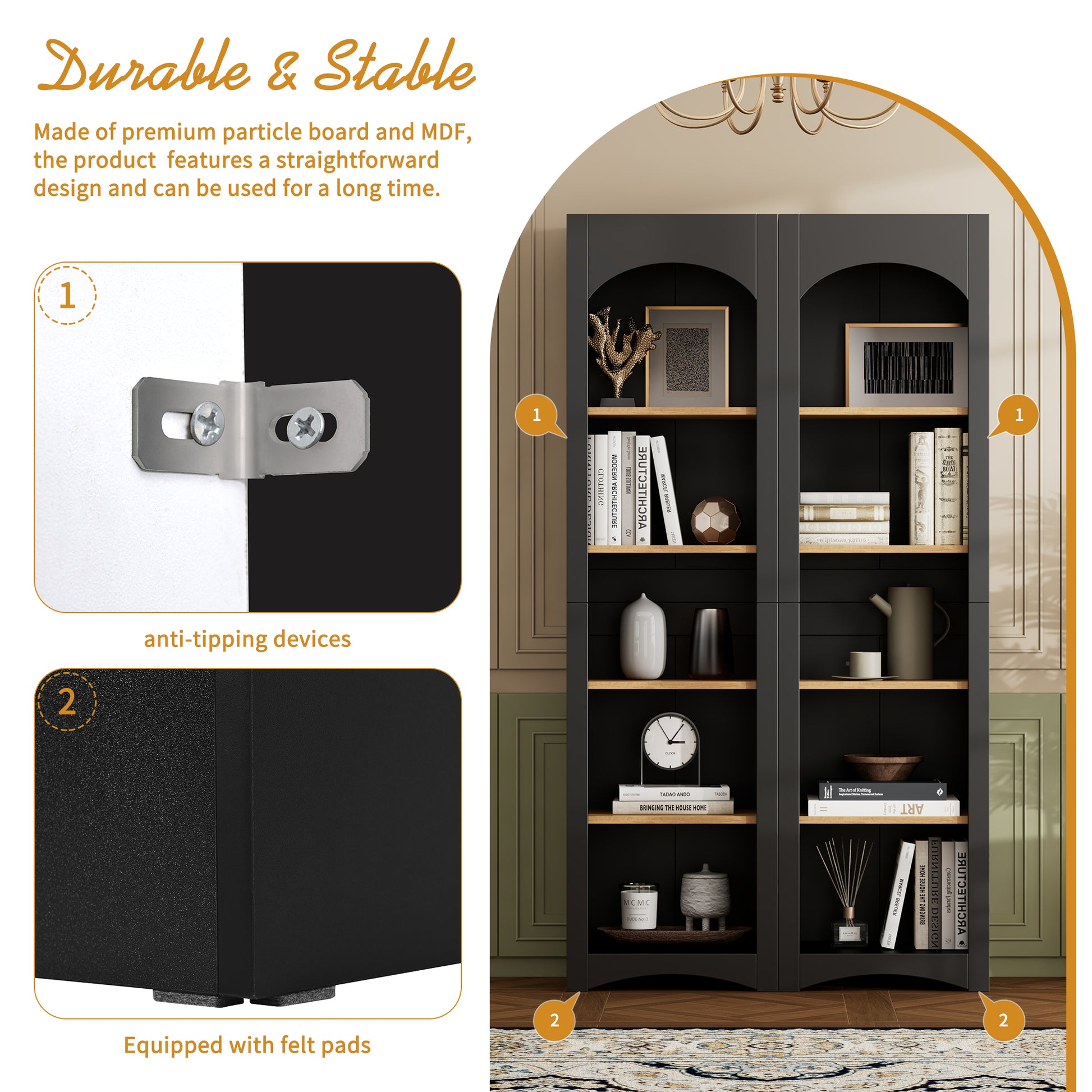 ON-TREND Free Standing 5 Tier Bookshelves, Bookcases Set Of 2, Farmhouse Two-Tone Storage Cabinet With Adjustable Shelves, Modern 72H Kitchen Pantry Cabinet For Living Room, Home Office, Black