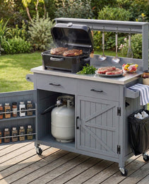 K&K 54.1  Outdoor Kitchen Island With High Shelf, Large Outdoor Potting Bench Table With Stainless Steel Top And Storage Cabinet, Solid Wood Grill Cart With Lockable Wheels For BBQ, Garden, Grey Blue