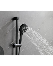 Shower System With Shower Head, Hand Shower, Slide Bar, Bodysprays, Shower Arm, Hose, Valve Trim, And Lever Handles