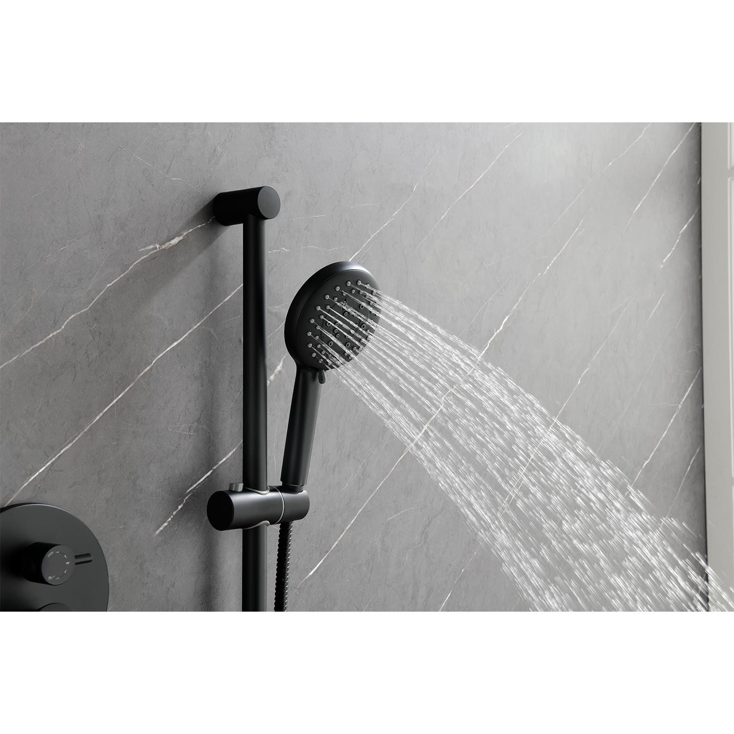 Shower System With Shower Head, Hand Shower, Slide Bar, Bodysprays, Shower Arm, Hose, Valve Trim, And Lever Handles