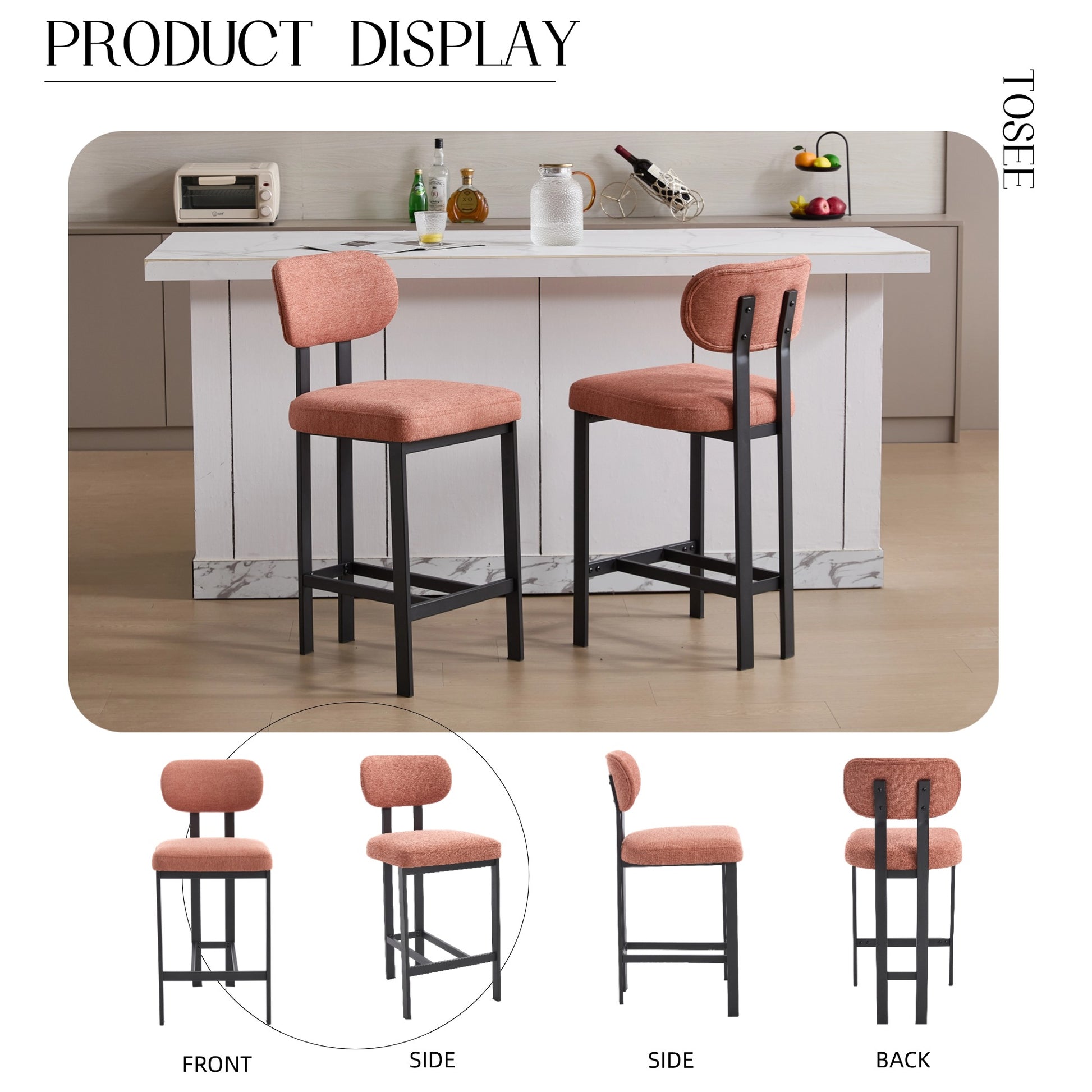 Bar Stools Set Of 2, 26 Inch Modern Upholstered Fabric Counter Height Barstools, Kitchen Island Chairs With Black Metal Legs For Dining Room Kitchen Island Bar