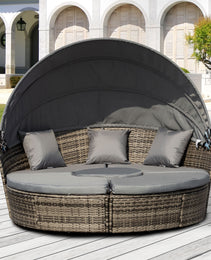 4-Piece Round Convertible Daybed with Cushions, Outdoor PE Rattan Patio Wicker Sofa Set, Sunbed with Adjustable Sun Canopy, Sectional Sofa, 2 Chairs, Table, 3 Pillows, Gray