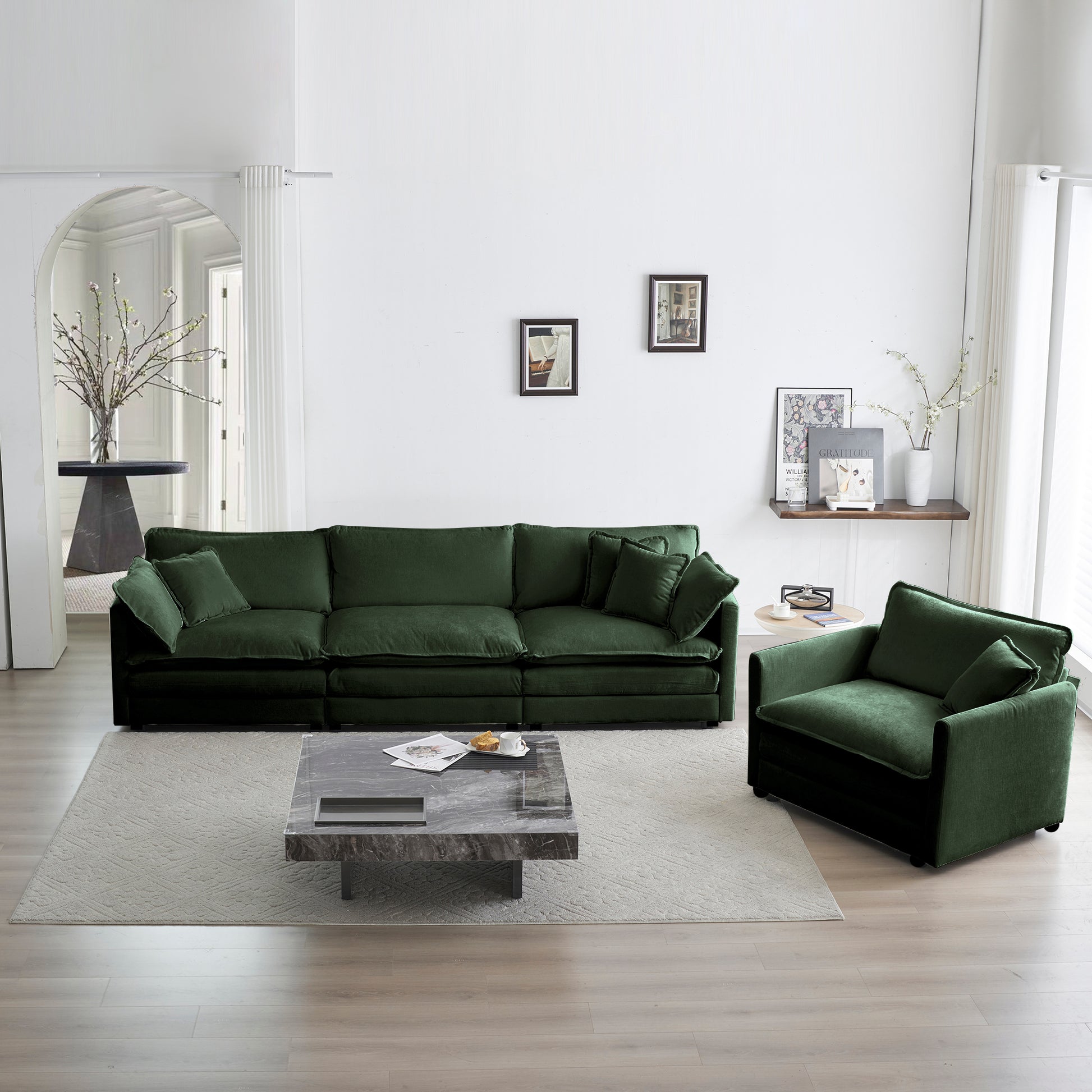 2-Piece Upholstered Sofa, Living Room Sectional Sofa Set Modern Sofa Couches Set , Deep Seat Sofa For Living Room Apartment, 1-3 Seat Green Chenille