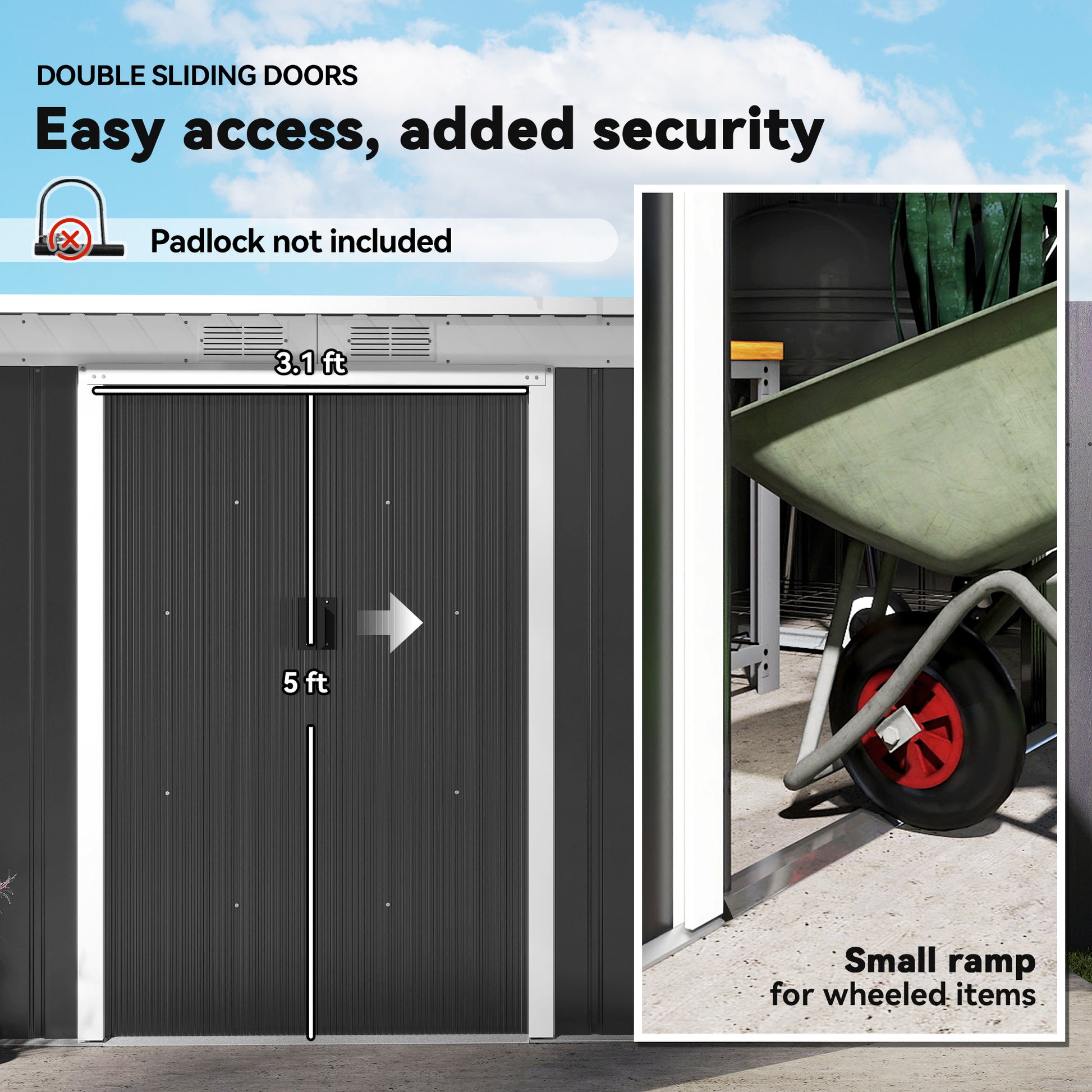 9' x 4' Metal Outdoor Storage Shed, Tool House with Double Lockable Doors for Backyard, Patio, Lawn, Garage, Dark Gray