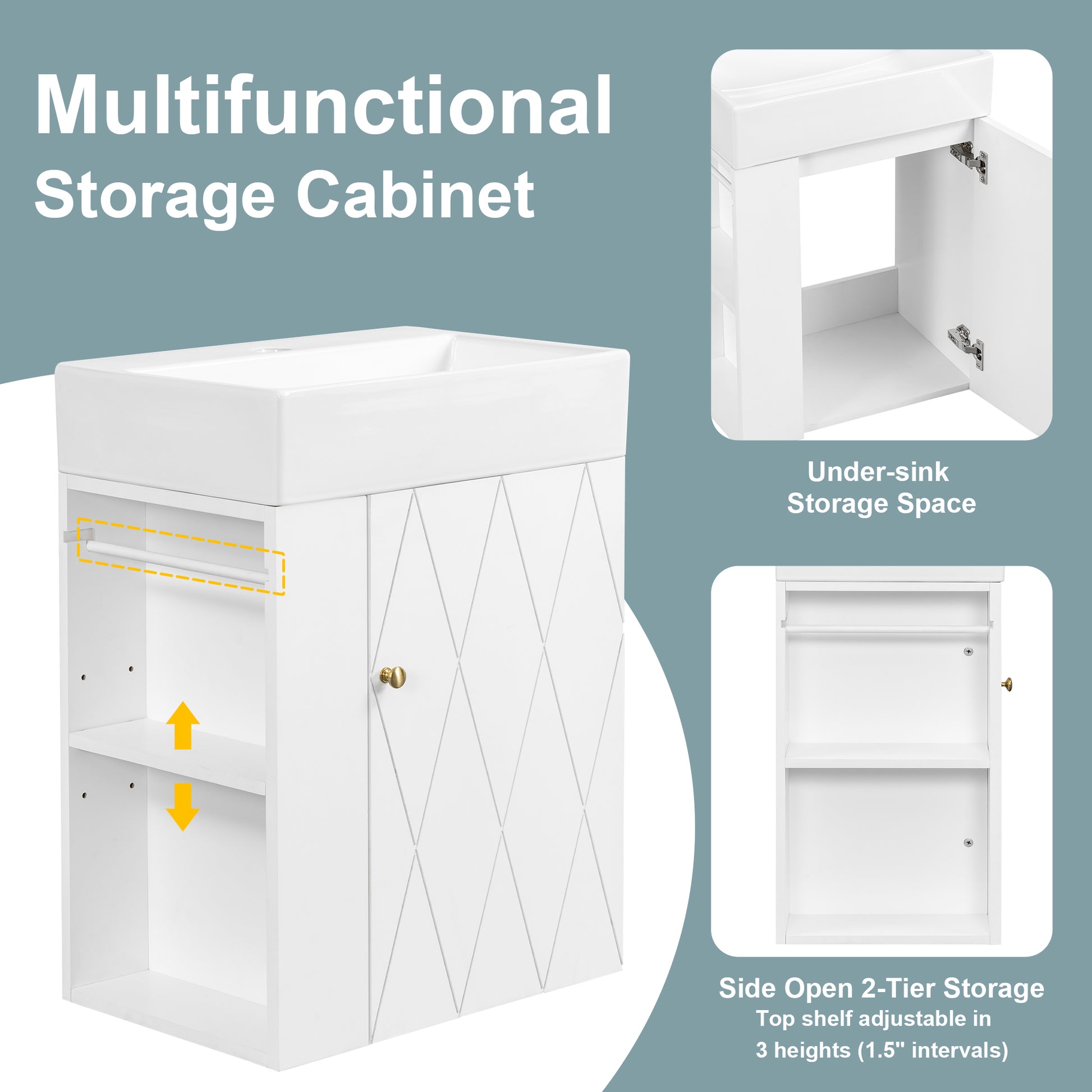 20 Inch Bathroom Vanity With Ceramic Sink, Diamond Pattern Door Design, Gold Handle & Side Storage Shelves Modern Small Space Cabinet With Towel Bar, MDF Construction, Assembly Required