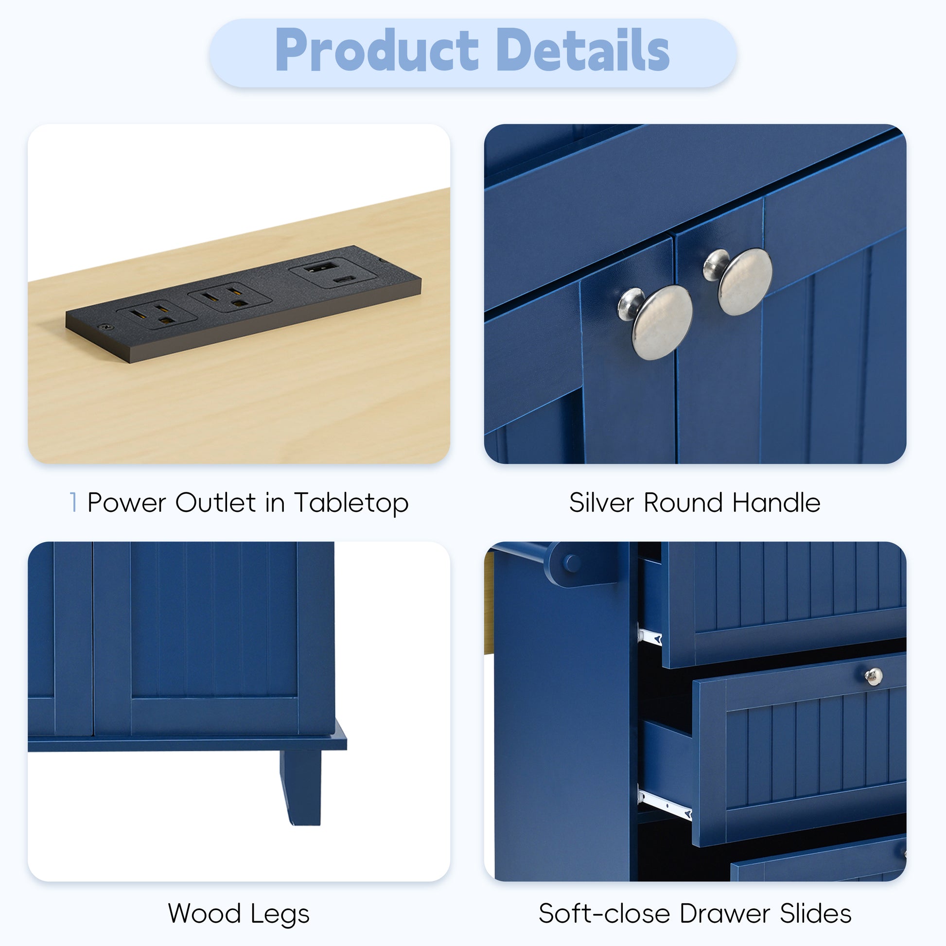 Available TOPMAX Farmhouse Kitchen Island With Drop Leaf And 2 Seatings, Kitchen Table Set With Storage Cabinet, Drawers, Door Shelves And Power Outlet, Blue