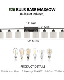 8-Light Bathroom Light Fixtures Over Mirror, 52inch Modern Matte Black Vanity Lights With White Frosted Glass Shade, Bathroom Wall Lamp Sconces For Mirror Bedroom, Living Room Hallway
