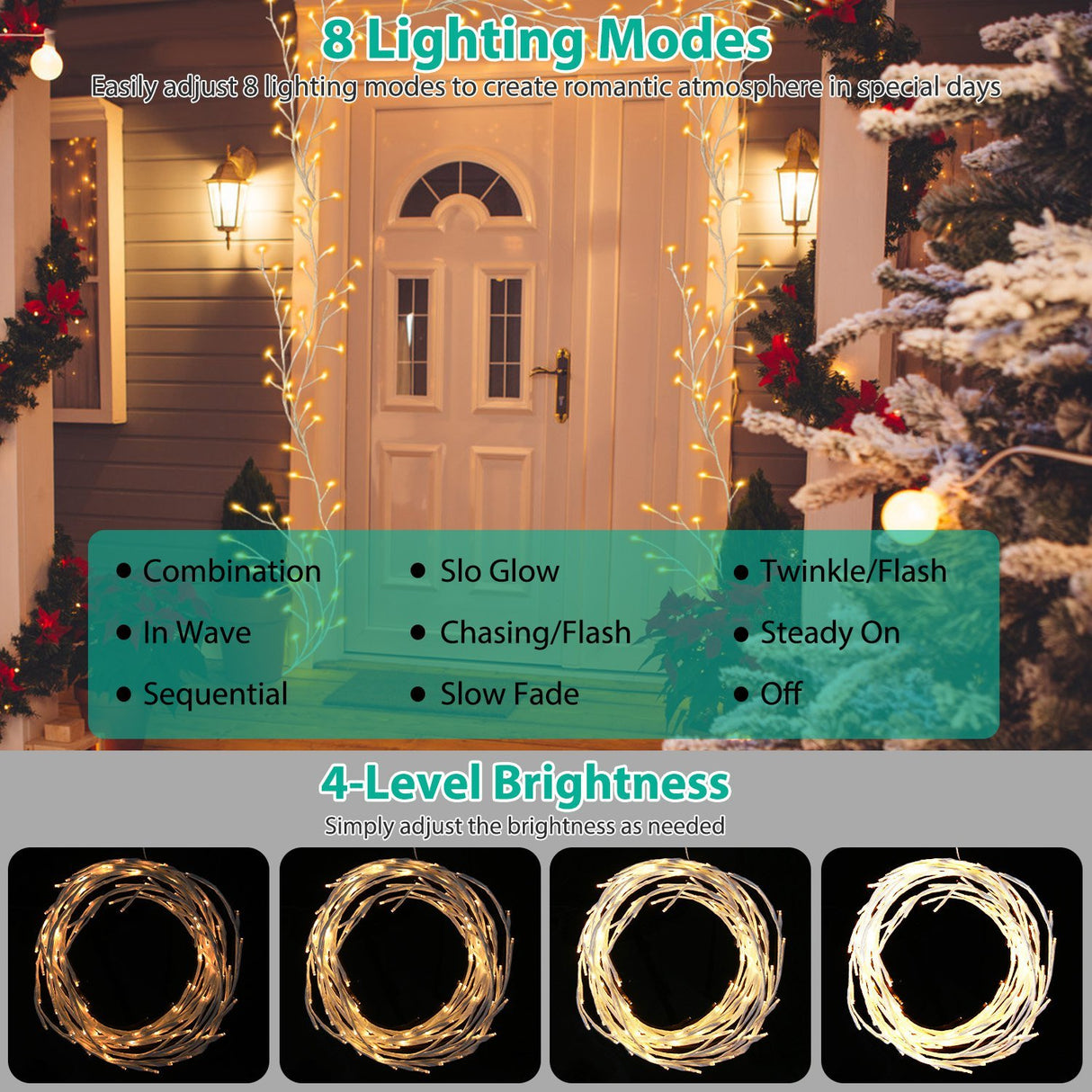 1Pc 7.87FT Lighted Birch Garland Lighted Twig Vine Lights 144LED Birch Garland With Lights String Light With Timer 8 Modes IP45 Waterproof For Christmas Fireplace Home Decoration - CJDS - FC