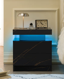 Nightstand LED Bedside Table Cabinet Lights Modern End Side With 2 Drawers For Bedroom Black Gold