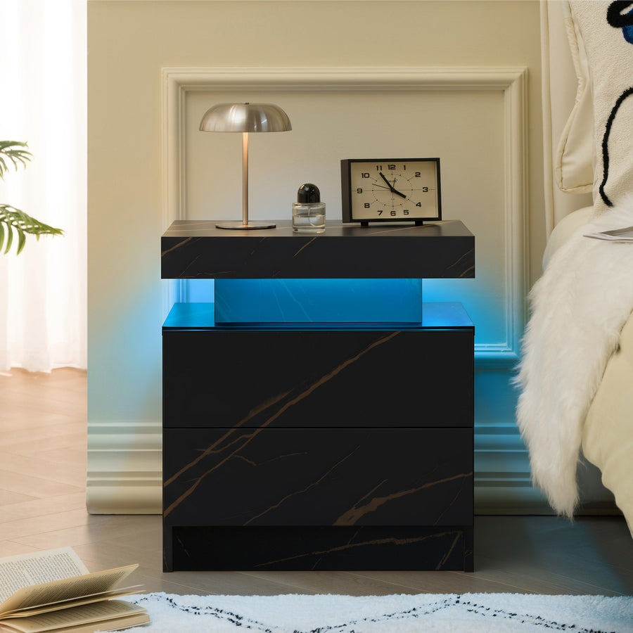 Nightstand LED Bedside Table Cabinet Lights Modern End Side With 2 Drawers For Bedroom Black Gold