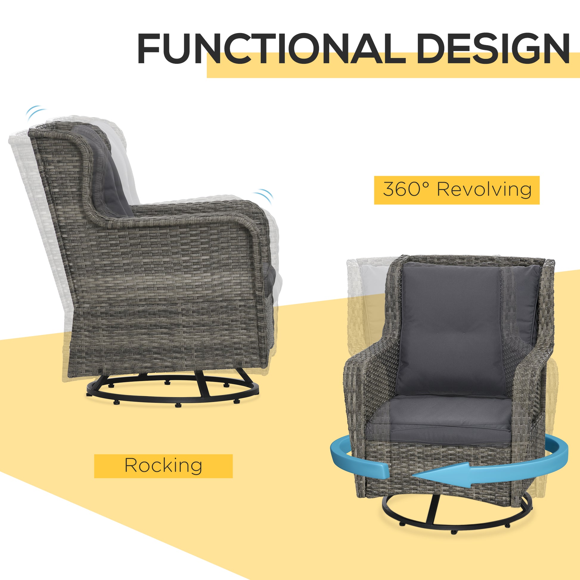 Patio Bistro Set, Porch Furniture with 360° Rotation & Rocking Function, 28.25"x30.75"x36.25", Gray