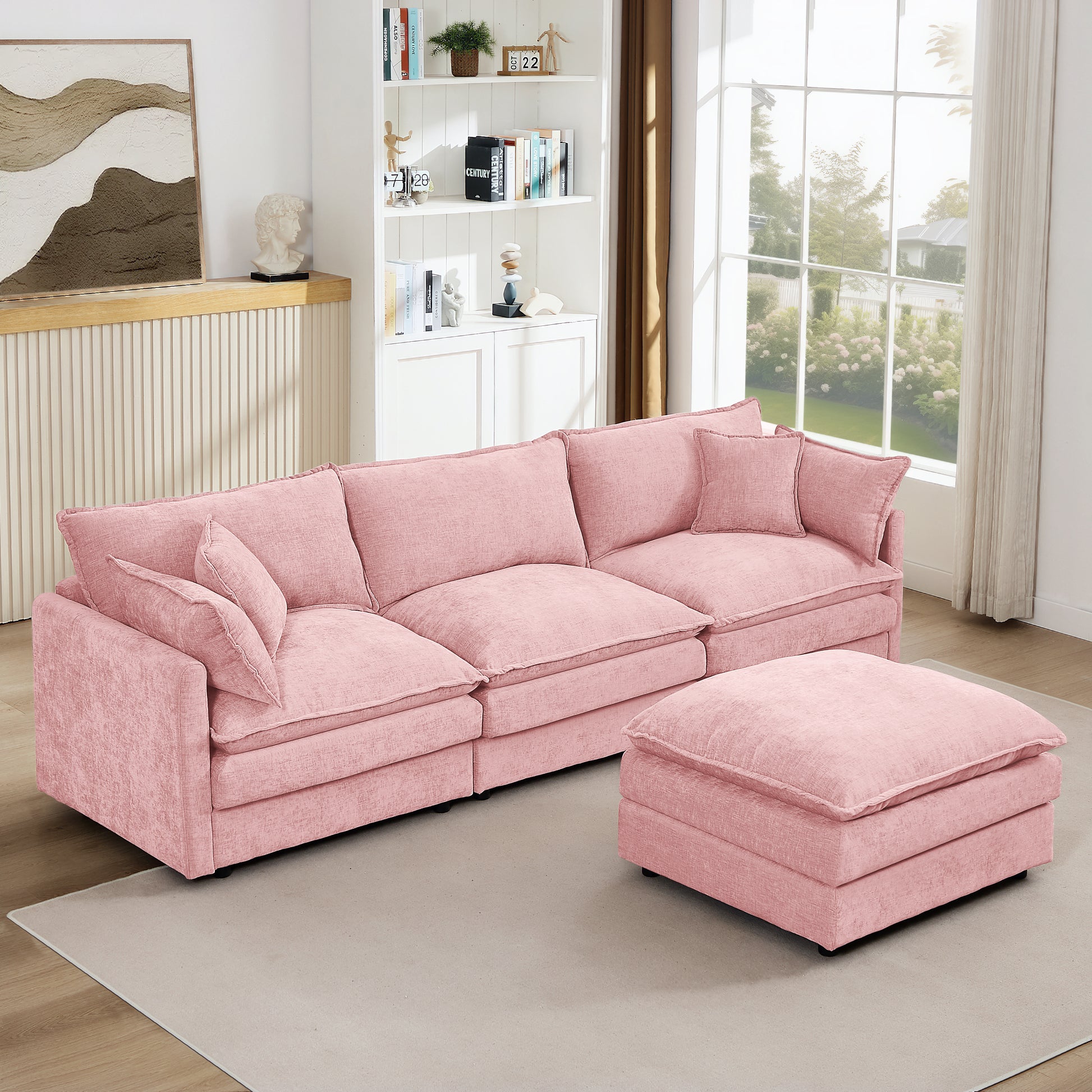 Modular Sectional Sofa, 102 Inch L Shaped Couch Set For Living Room, 3-Seater Comfy Cloud Couches With Movable Ottoman, DIY Combination, Chenille,