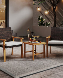 3 Pieces Patio PE Wicker Furniture Set Acacia Wood Outdoor Conversation Bistro Set