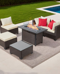 6-Piece Outdoor Patio Furniture Set, Wicker Rattan Outdoor Sectional Conversation Set With 50000BTU Propane Fire Pit Table, Cushioned Sofas, Coffee Table & Ottoman For Patio Garden Backyard