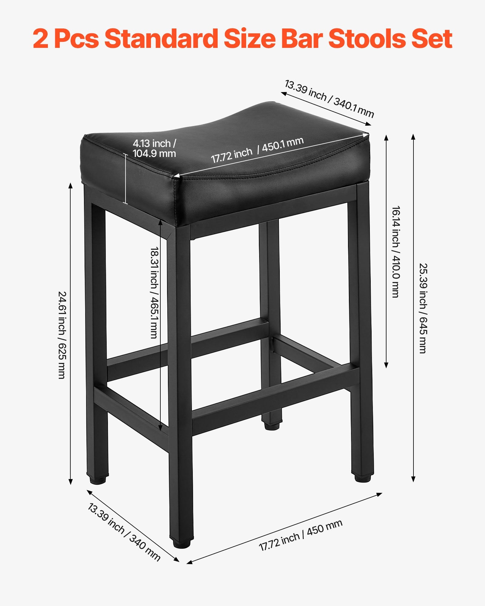Bar Stool Set Of 2, PU Leather Counter Height Stools, 25 Inch Barstool With Saddle-Seat And Metal Legs, Easy Assembly Backless Bar Chair, Island Barstools For Kitchen, Dining Room, Cafe, Black