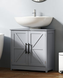 Farmhouse Pedestal Sink Storage Cabinet, Bathroom Sink Cabinet with 2 Barn Doors and Adjustable Shelf, Dark Gray